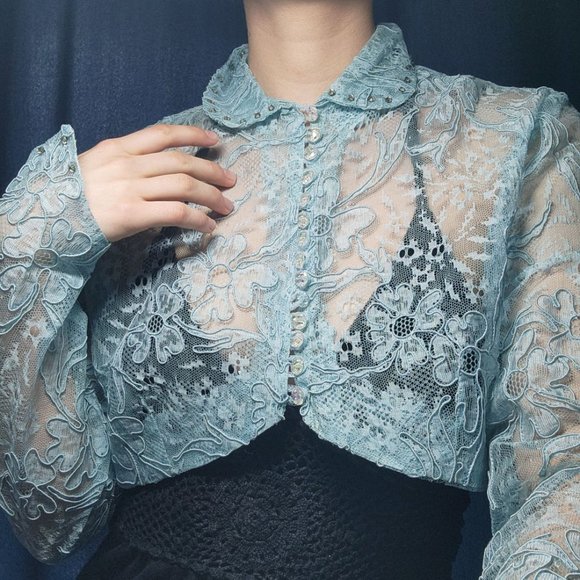 Vintage Sweaters - Vintage 80s cropped button-up cardigan in blue lace with crystal buttons